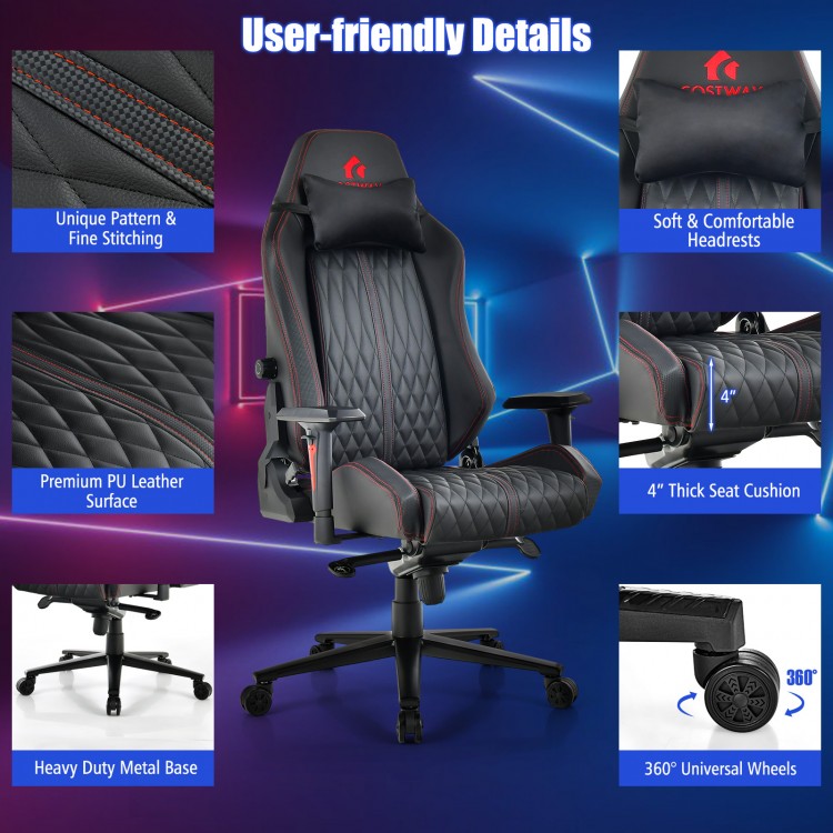 Adjustable gaming chair in black with 4D armrests, lumbar support, and premium PU leather for ergonomic comfort.