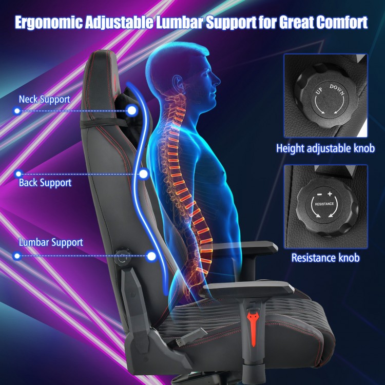 Adjustable gaming chair showcasing ergonomic lumbar support, gas lift, and 4D armrests for customizable comfort.