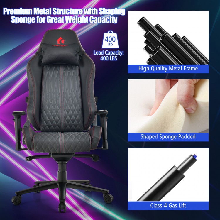 Adjustable gaming chair in black with 4D armrests, ergonomic design, and premium metal structure for 400 lbs capacity.