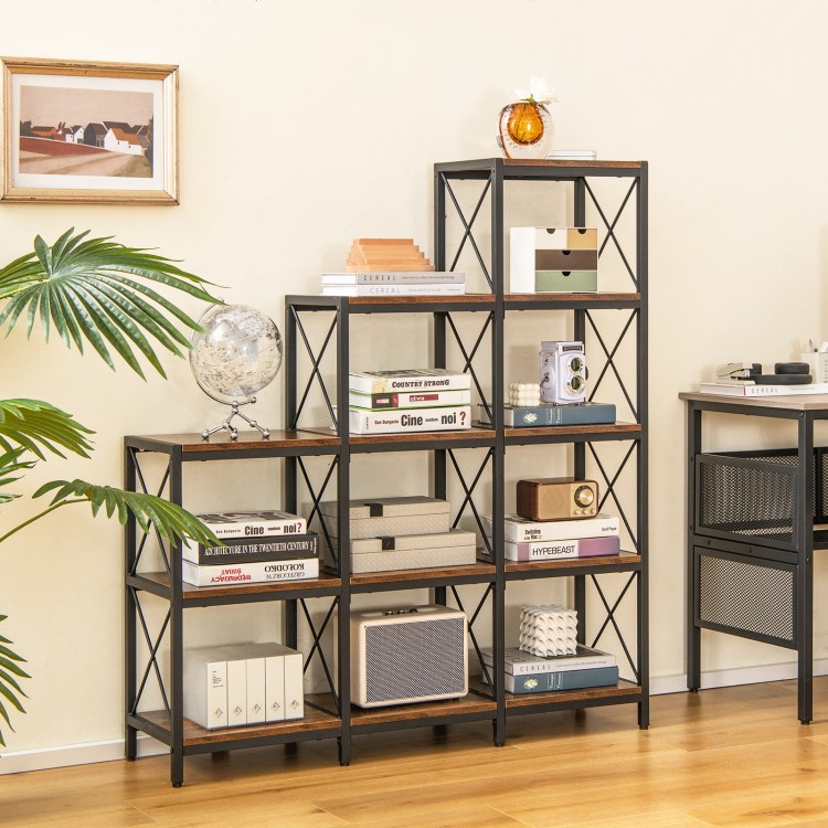 Rustic brown 9 cubes bookcase with carbon steel frame, featuring 12 shelves for home office organization and stability.