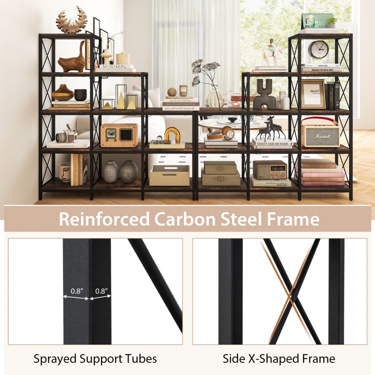 9 cubes bookcase in rustic brown with reinforced carbon steel frame and side X-shaped design for home office.
