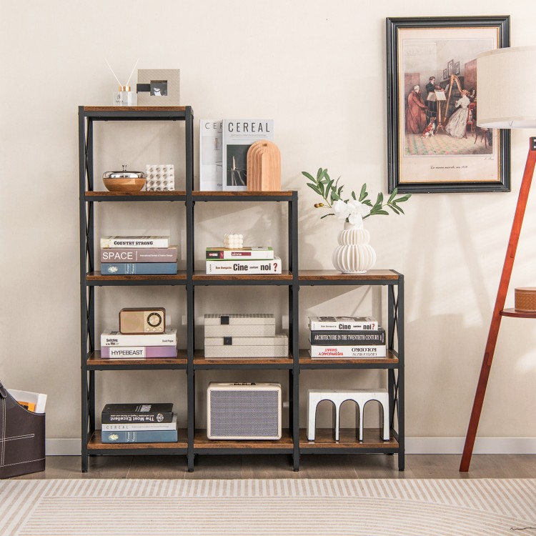 9 cubes bookcase in rustic brown with carbon steel frame, featuring 12 shelves for home office organization and style.