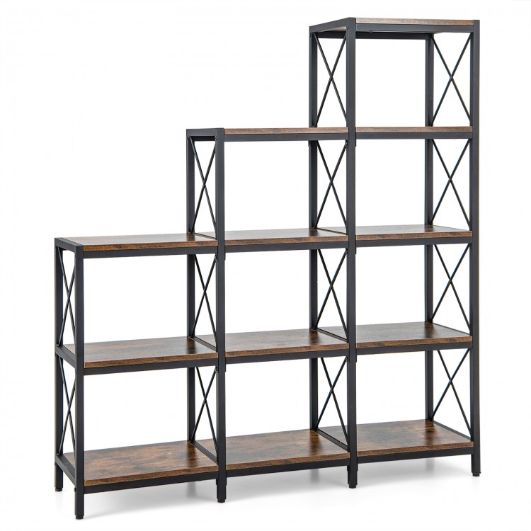 Rustic brown 9 cubes bookcase with carbon steel frame, featuring 12 shelves and X-shaped side supports for stability.