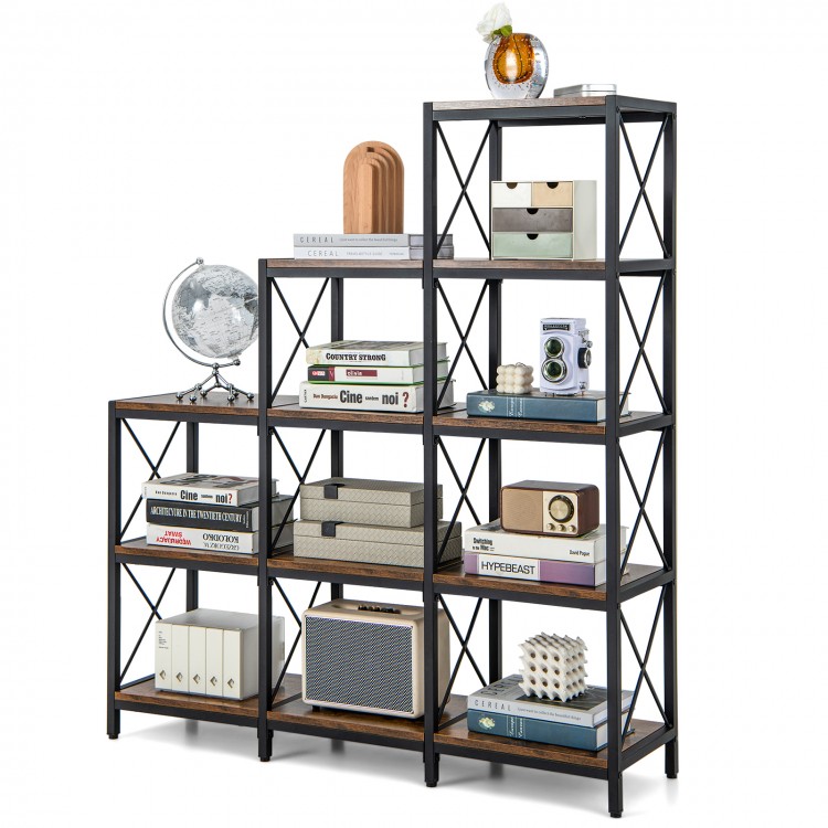 9 cubes bookcase in rustic brown with carbon steel frame, featuring 12 shelves for books and decor in a home office.