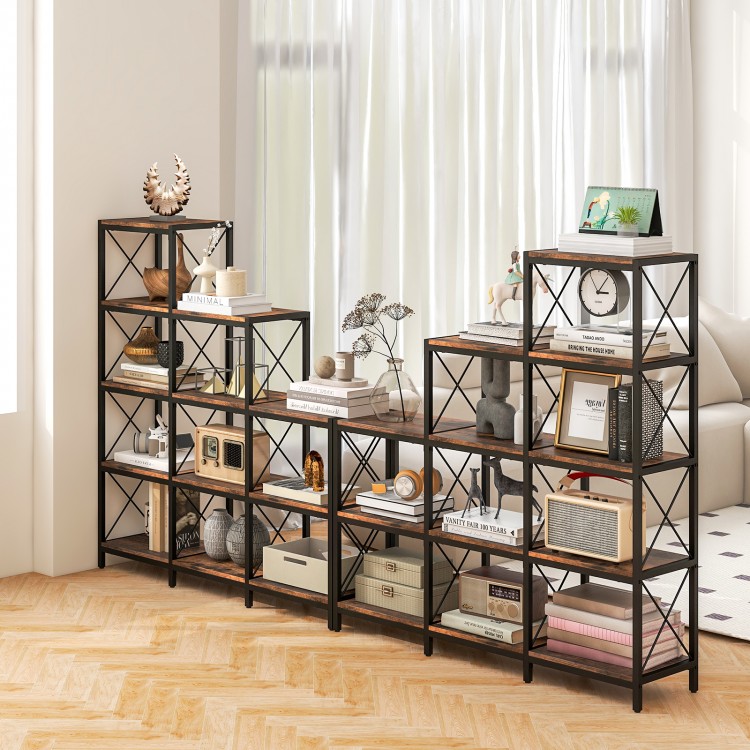 9 cubes bookcase with carbon steel frame in rustic brown, featuring 12 shelves for stylish home office organization.