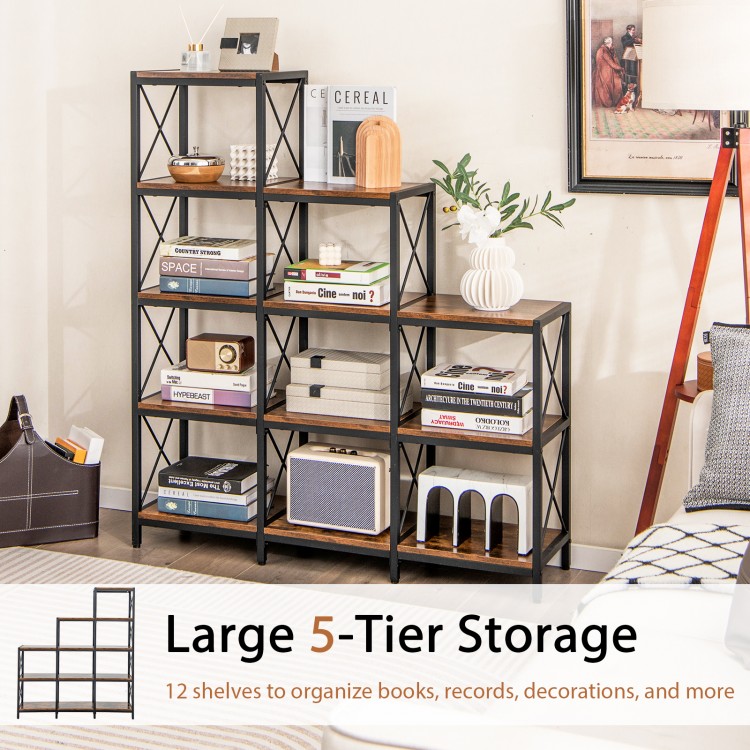 Large 5-tier bookcase in rustic brown with carbon steel frame, featuring 12 shelves for organizing books and.