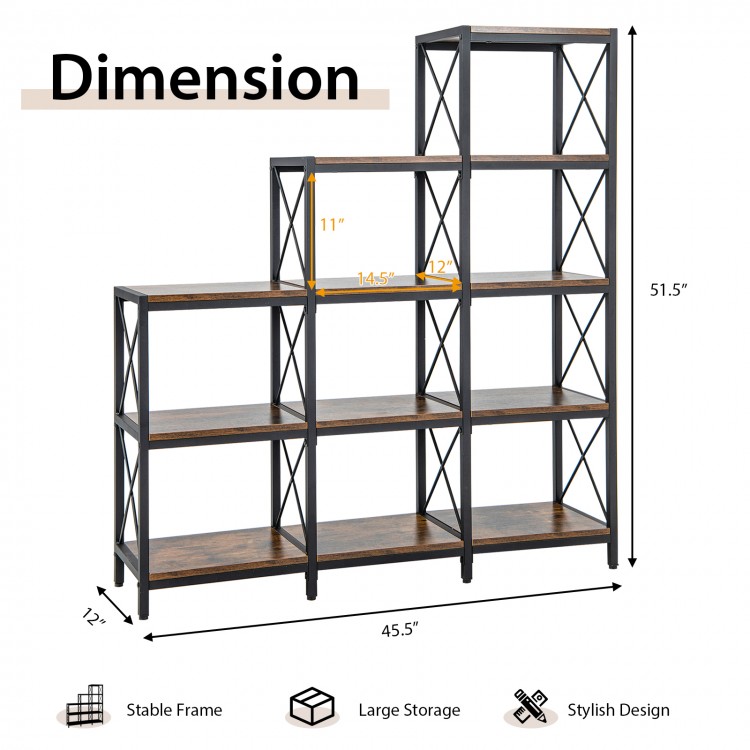 9 cubes bookcase with a carbon steel frame in rustic brown, featuring 12 shelves for large storage and stylish design.
