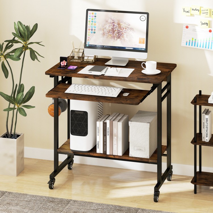 Rolling laptop table in rustic brown featuring a keyboard tray, bottom shelf for computer tower, and flexible storage.
