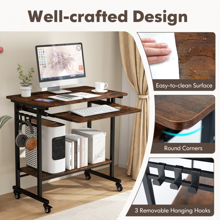 Rolling laptop table in rustic brown with pull-out keyboard tray, 3 hooks, and smooth rolling casters for versatile use.