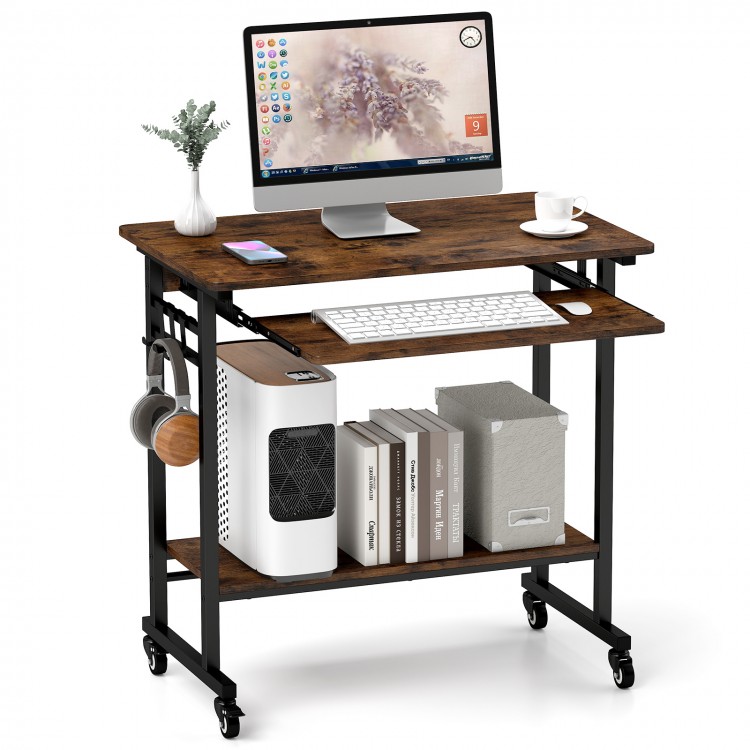 Rolling laptop table in rustic brown with pull-out keyboard tray, hooks, and bottom shelf for computer tower storage.