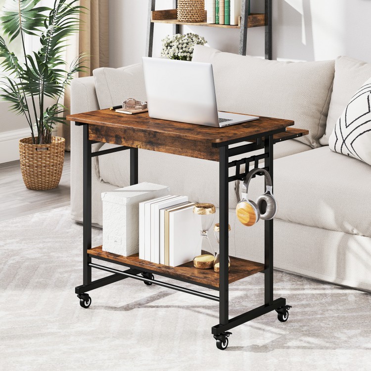 Rolling laptop table in rustic brown showcasing a sturdy frame, smooth metal slides, and 4 rolling casters for mobility.