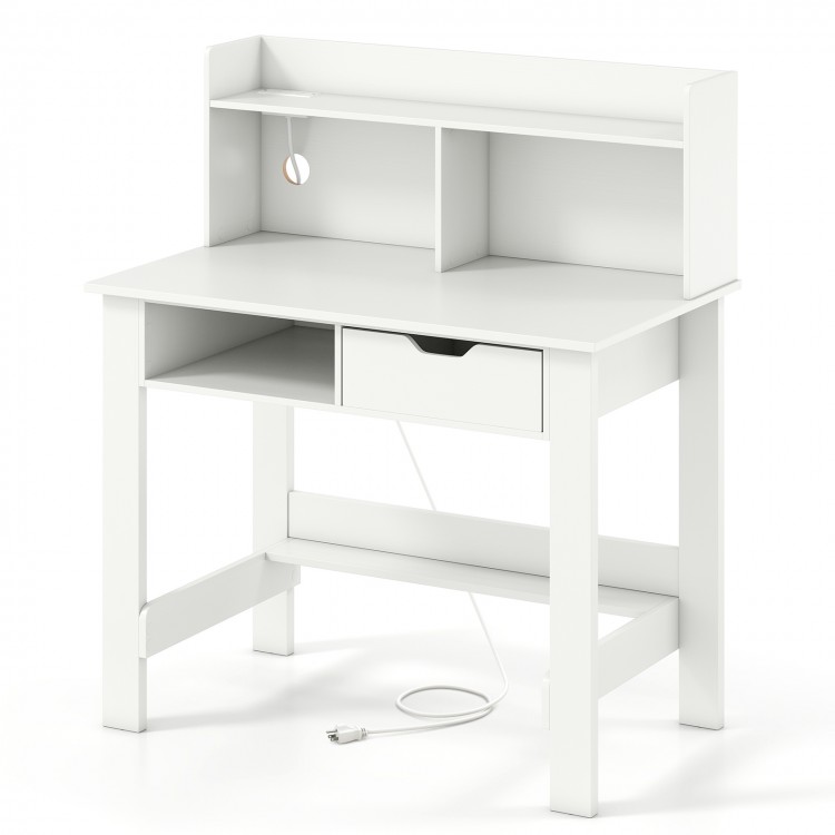 Home office computer desk in white with storage shelves, drawer, and built-in cable hole for organized workspace.