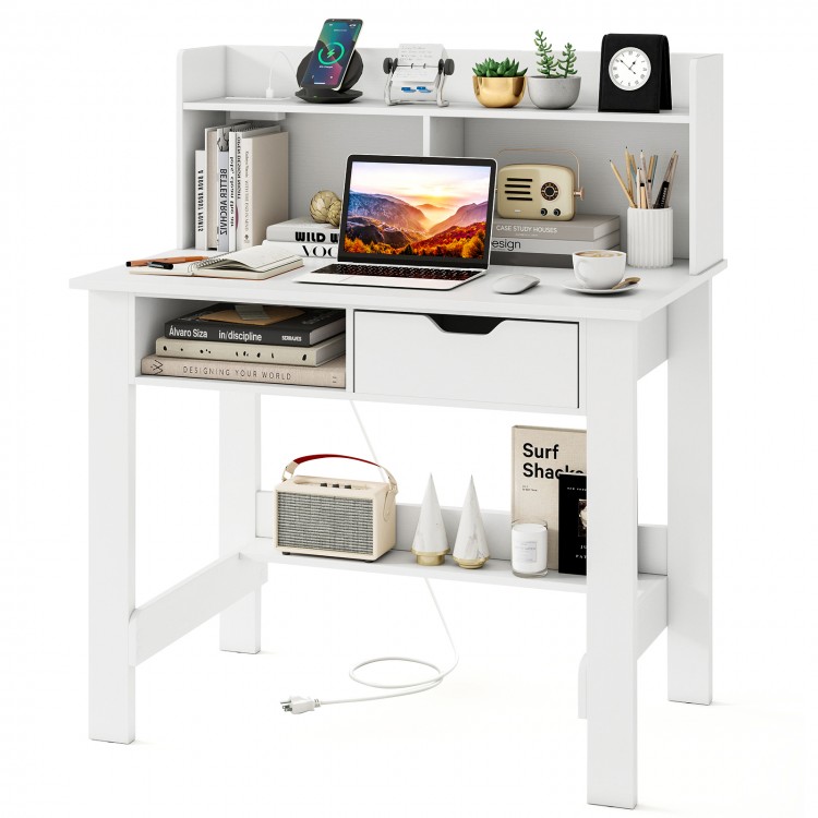 Home office computer desk in white with storage shelves, drawer, and built-in AC outlet for organized workspace.