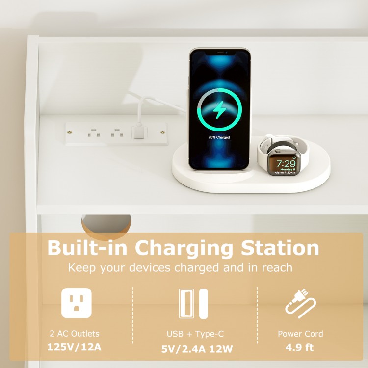 Home office desk with built-in charging station featuring AC outlets and USB ports for convenient device charging.
