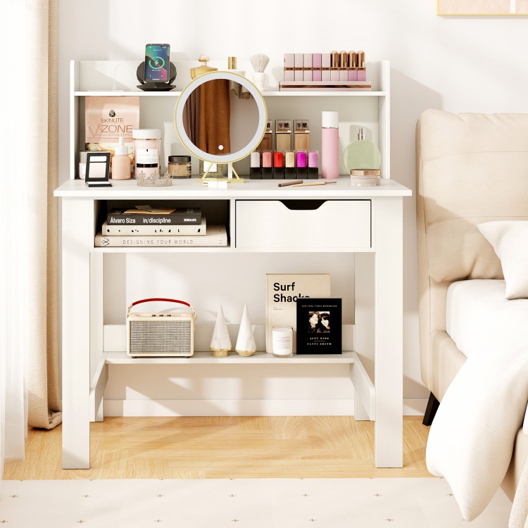 Home office computer desk with storage shelves, drawer, and built-in USB ports for organized workspace and device.