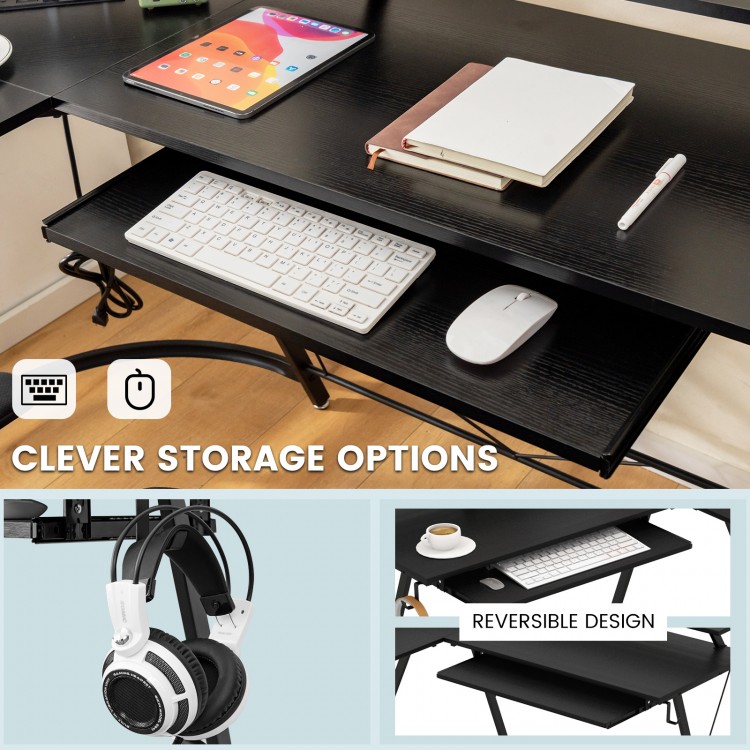 L-shaped black computer desk with monitor stand, keyboard tray, and built-in power outlet for efficient workspace.