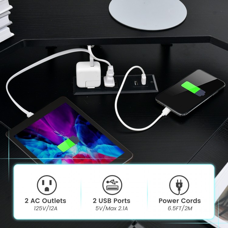 L-shaped black computer desk with built-in power outlet, USB ports, and monitor stand for efficient workspace.