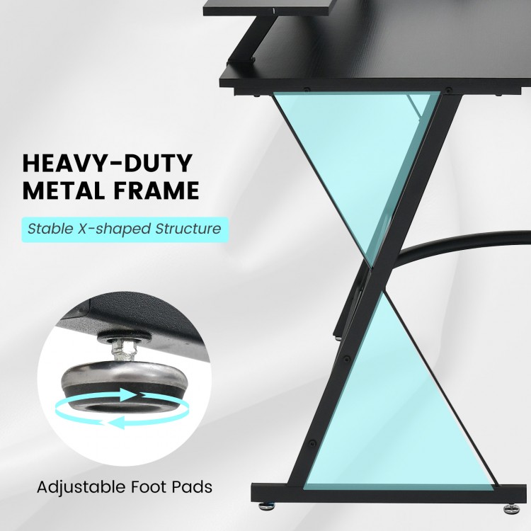 L-shaped computer desk with heavy-duty metal frame, adjustable foot pads, and built-in power outlet for convenient.