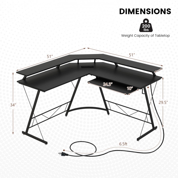 L-shaped black computer desk with dimensions, power outlet, and monitor stand for efficient workspace organization.