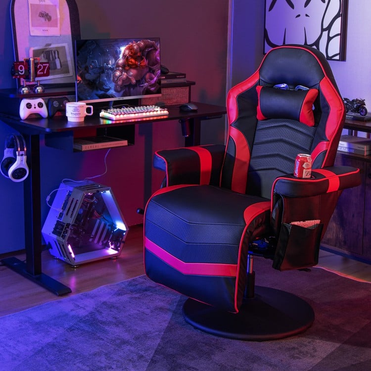 Massage video gaming recliner chair in red with adjustable height, swivel seat, and retractable footrest for comfort.