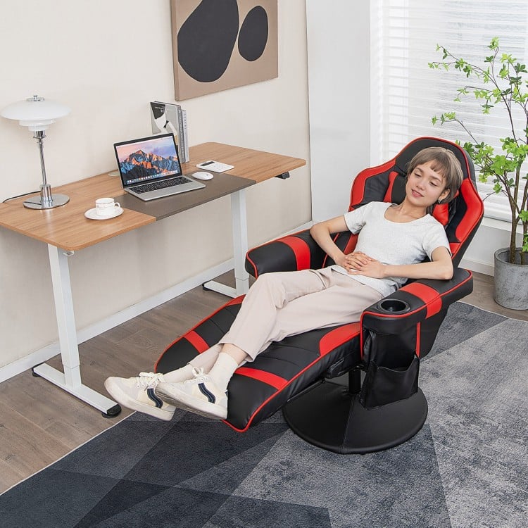 Massage video gaming recliner chair in red with adjustable height, footrest, and cup holder for ultimate relaxation.