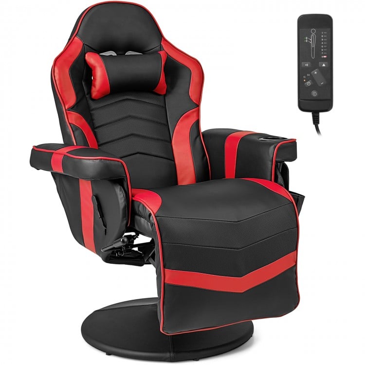 Massage video gaming recliner chair in red and black, featuring adjustable height, footrest, and ergonomic design for.