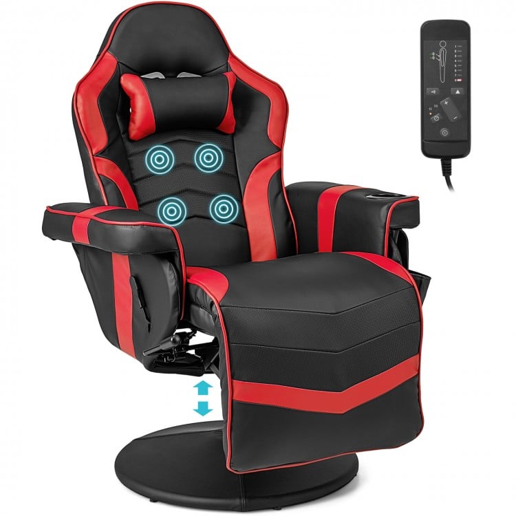 Massage video gaming recliner chair in red and black with adjustable height, footrest, and ergonomic design for comfort.