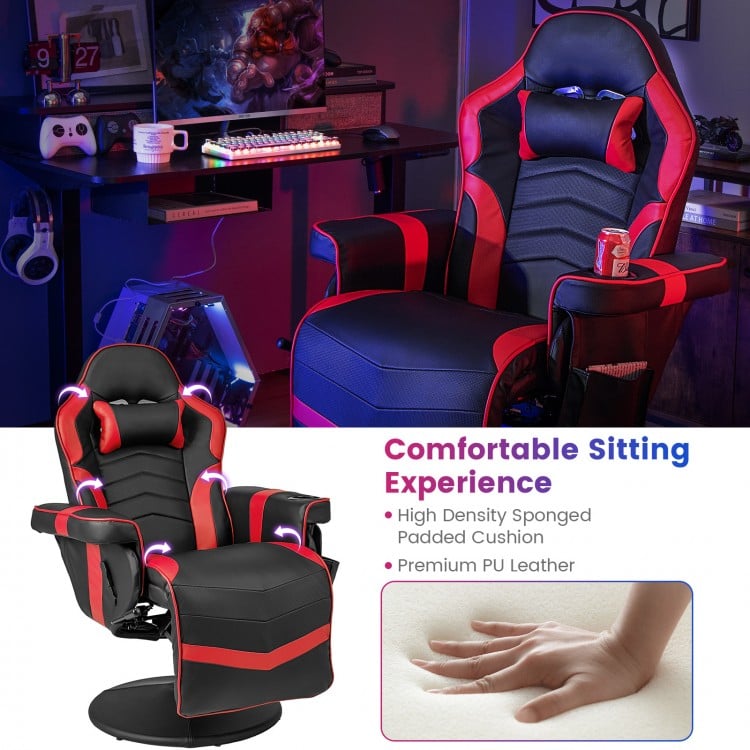 Massage video gaming recliner chair in red with adjustable height, padded cushion, and ergonomic design for comfort.