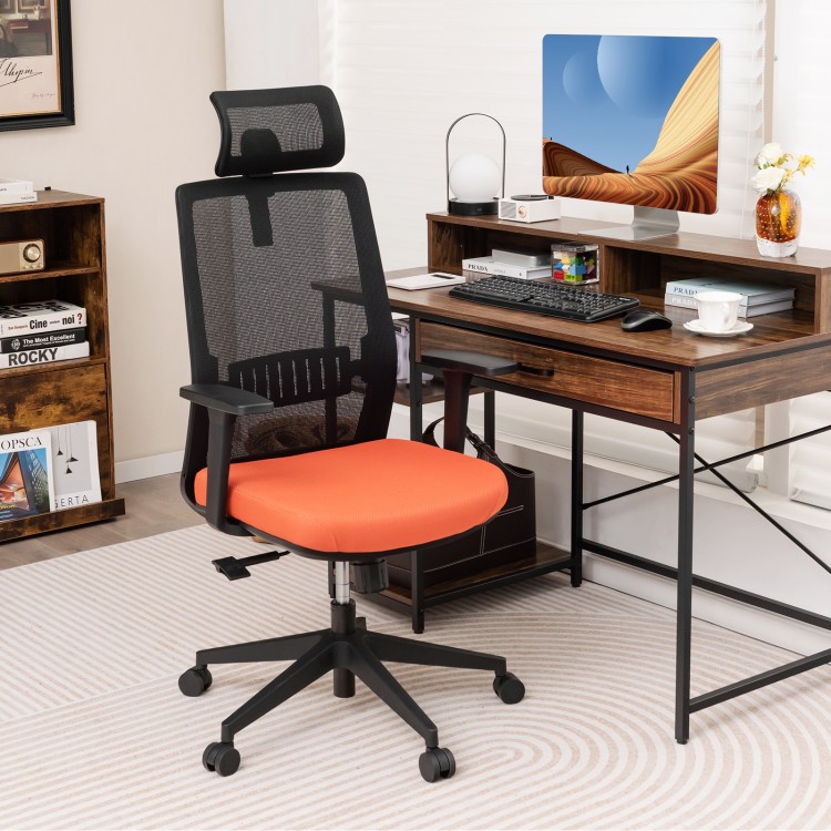 Ergonomic office chair with lumbar support and adjustable headrest in black and orange, perfect for home or office use.
