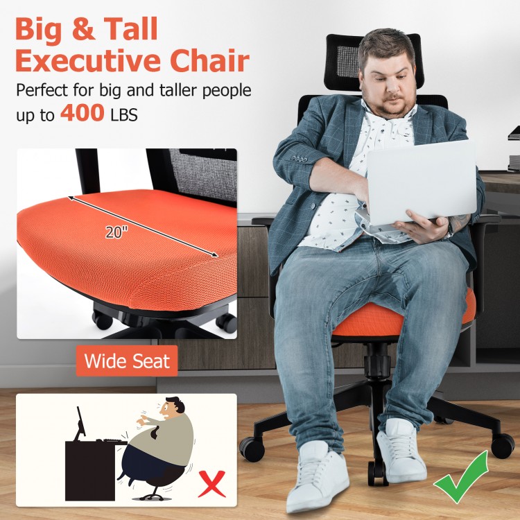 Ergonomic office chair with lumbar support and adjustable headrest, designed for comfort and supports up to 400 lbs.