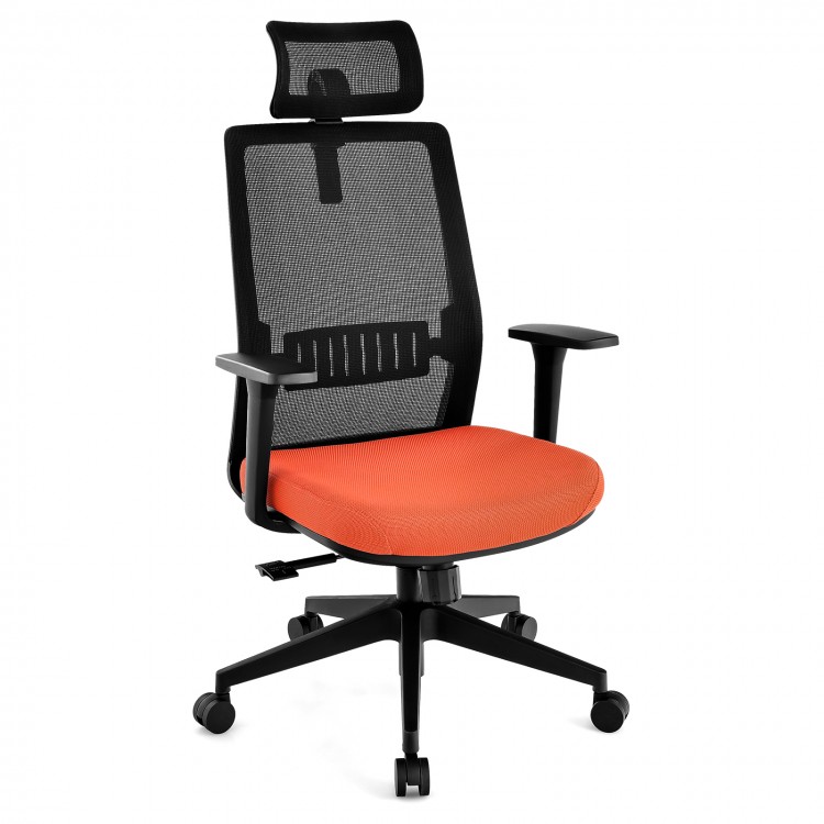 Ergonomic office chair with adjustable headrest and lumbar support, featuring a black mesh back and orange seat for.