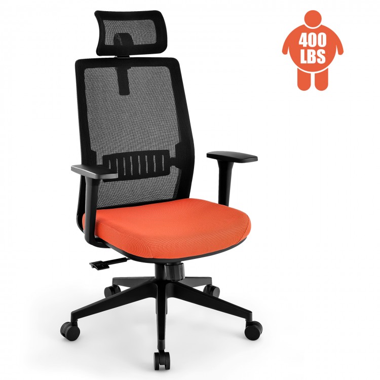 Ergonomic office chair with lumbar support, adjustable headrest, and orange seat, supports up to 400 lbs for versatile.