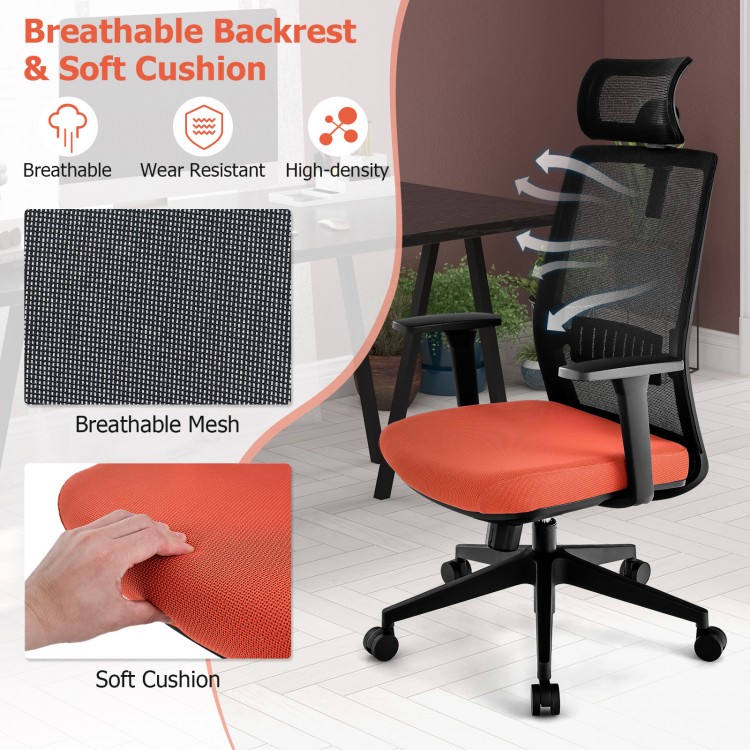 Ergonomic office chair with adjustable headrest and lumbar support, featuring a breathable mesh back and soft cushion.
