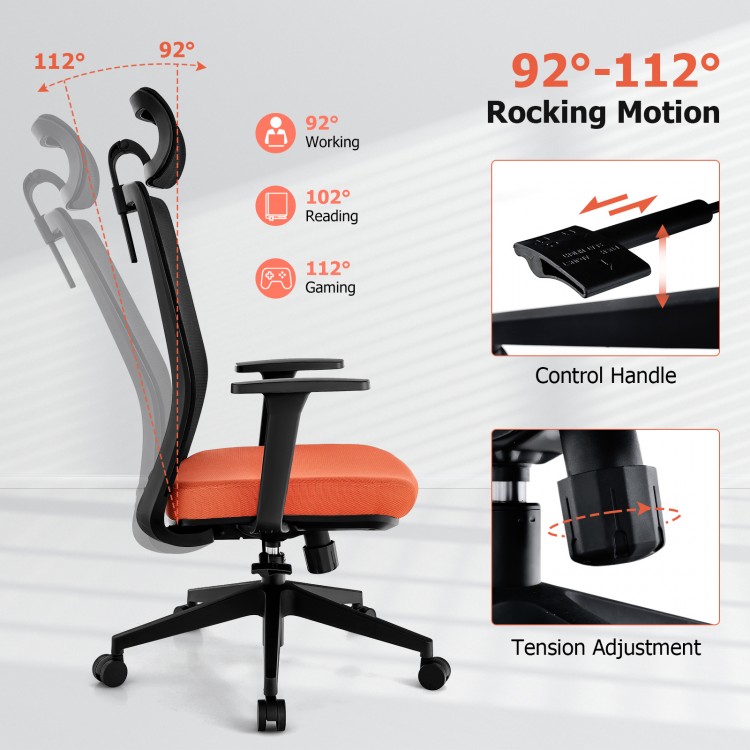 Ergonomic office chair in black with adjustable headrest, lumbar support, and rocking motion for versatile comfort.