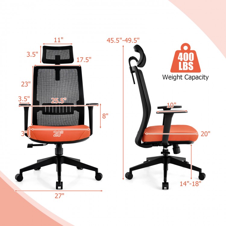 Ergonomic office chair with lumbar support, adjustable headrest, and 400 lbs capacity, shown in side view with.
