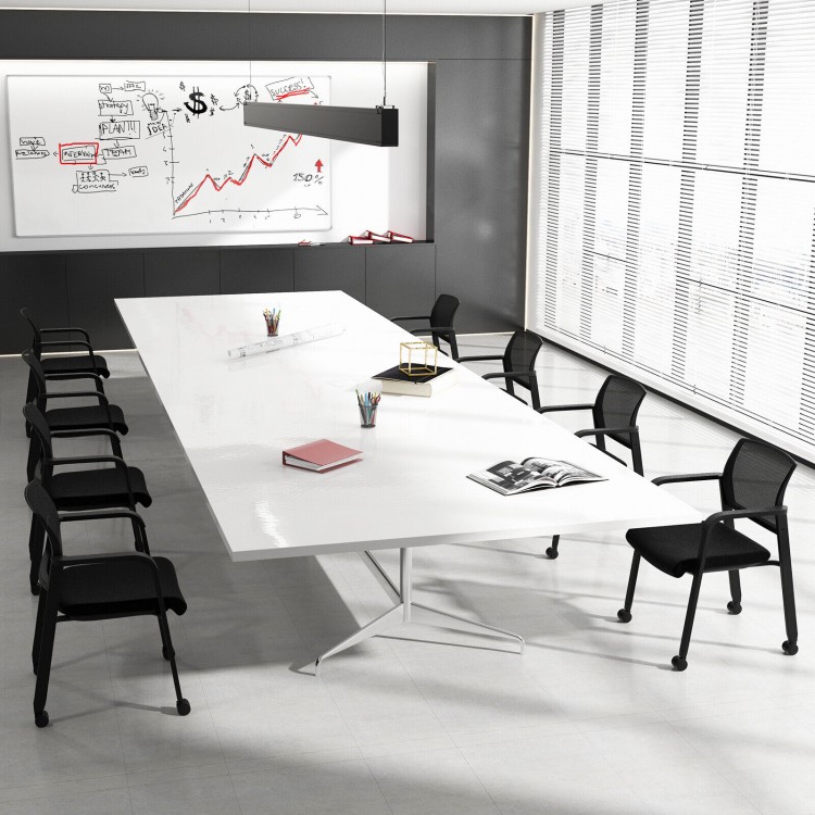Stackable rolling office chairs with black mesh backrest and padded seat, ideal for comfortable workspace seating.