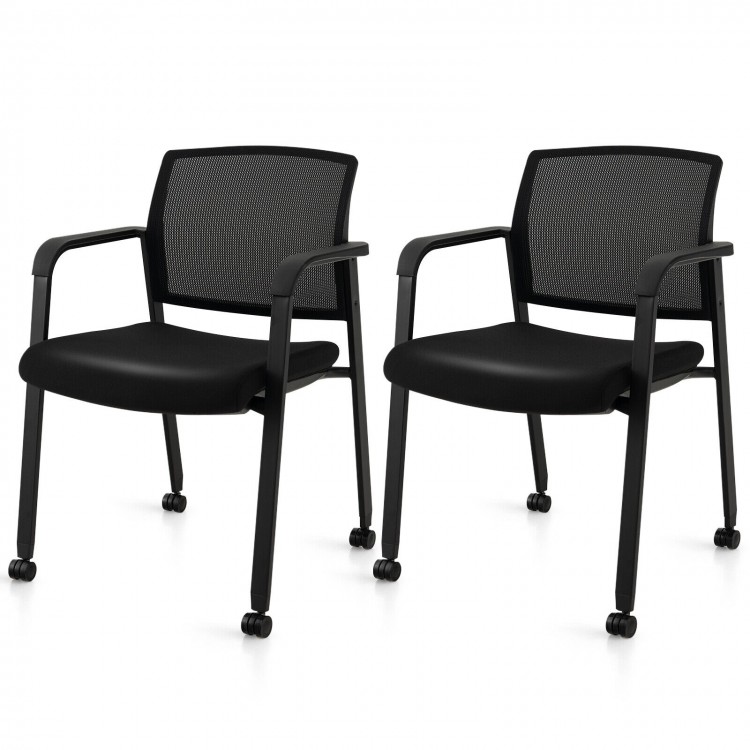 Set of 2 stackable rolling office chairs with black mesh backrest and padded seats for comfortable seating.