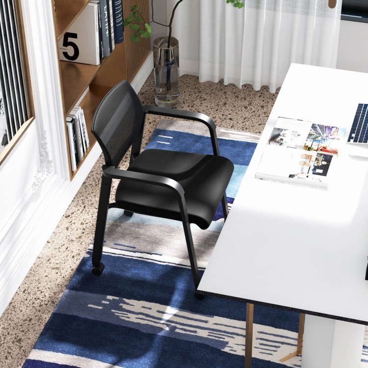 Stackable rolling office chair with a black mesh backrest and padded seat, ideal for comfortable workspace seating.