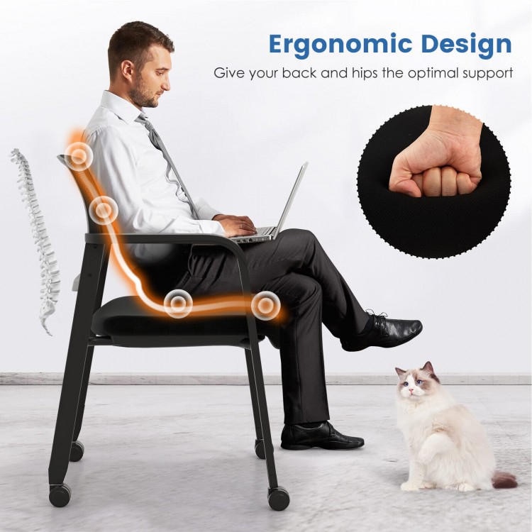 Stackable rolling office chair with ergonomic mesh backrest and padded seat, ideal for comfort and mobility in any.
