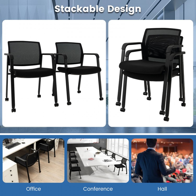 Set of 2 black stackable rolling office chairs with mesh backrest and padded seat for comfort and easy mobility.