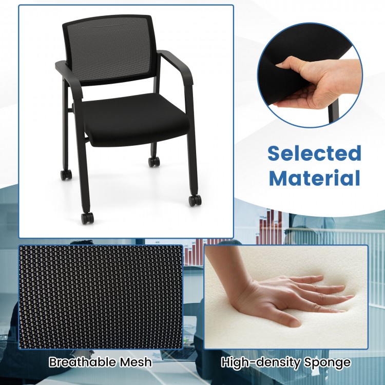 Stackable rolling office chair with breathable mesh backrest and padded seat, designed for comfort and easy mobility.