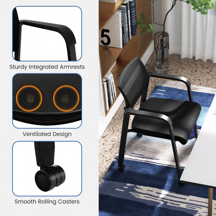 Stackable rolling office chair with black mesh backrest, padded seat, and smooth rolling casters for easy mobility.