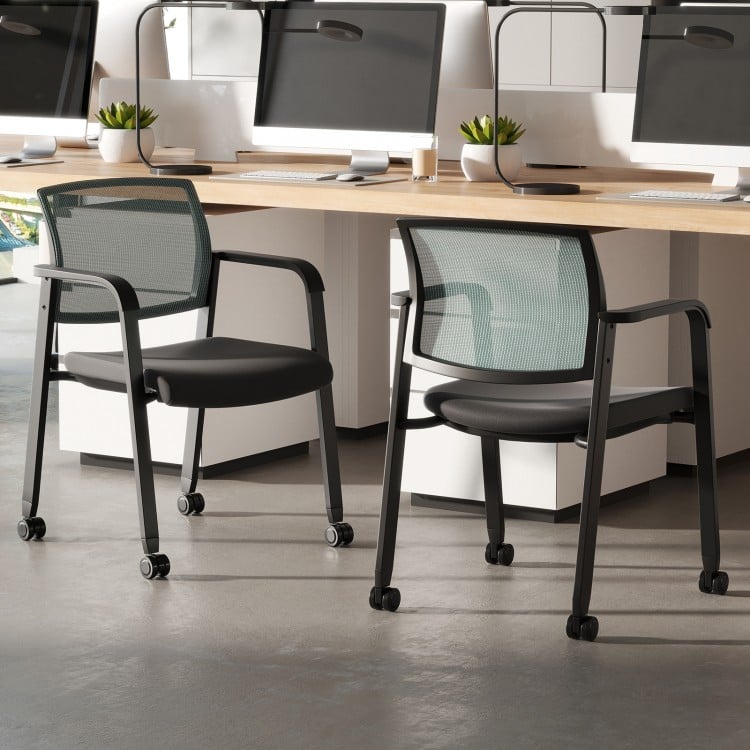 Set of 2 gray stackable rolling office chairs with mesh backrest and padded seat, designed for comfort and easy.