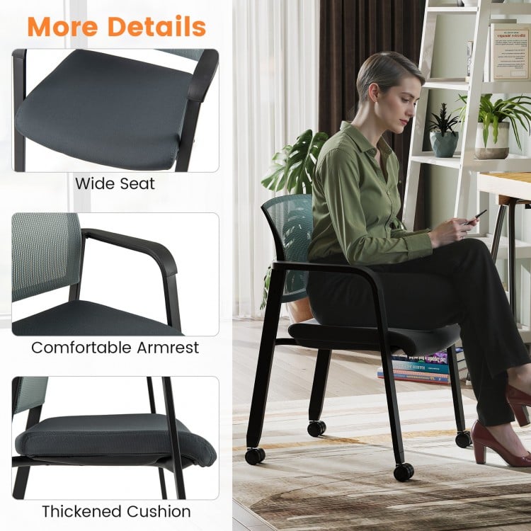 Stackable rolling office chair with gray padded seat and mesh backrest, designed for comfort and easy mobility.
