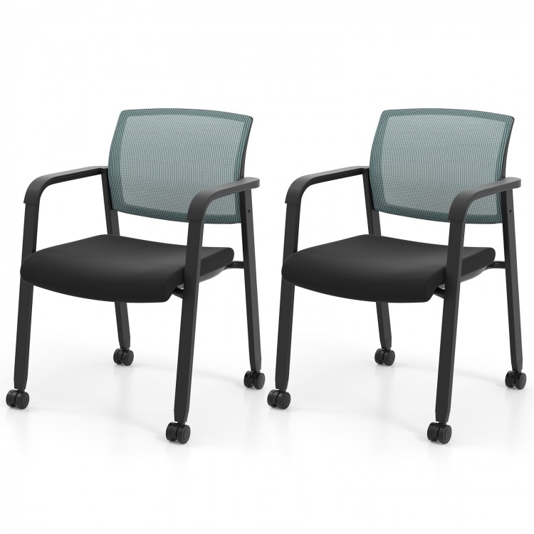 Set of 2 stackable rolling office chairs with gray mesh backrest and padded seat, ideal for comfortable workspace.
