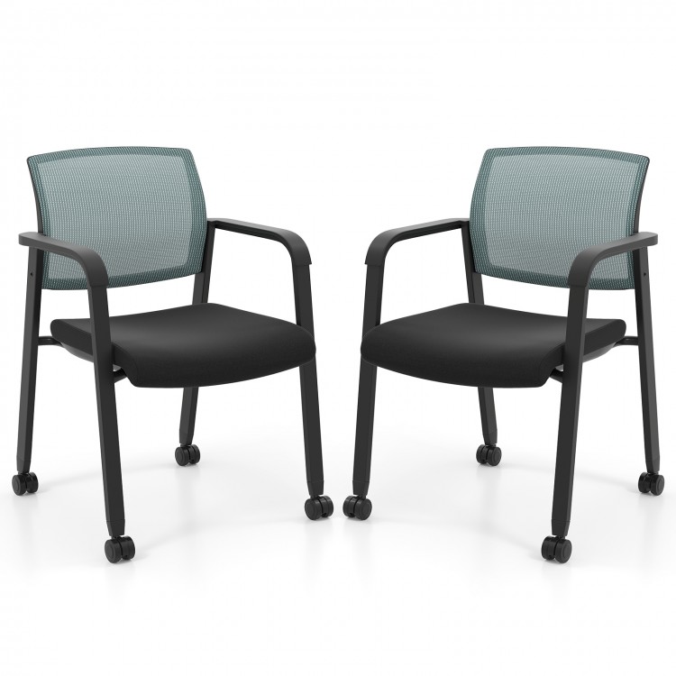 Set of 2 stackable rolling office chairs with gray mesh backrest and padded seat for comfort and easy mobility.
