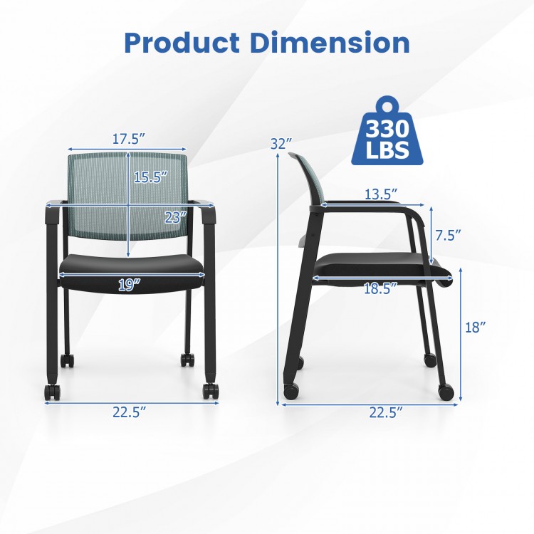 Stackable rolling office chair dimensions with gray mesh backrest, supporting 330 lbs, ideal for compact storage.