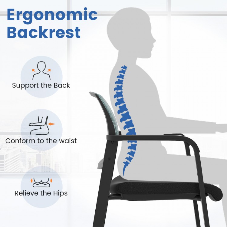 Ergonomic mesh backrest of a gray office chair, designed to support the back and relieve hips for comfortable seating.