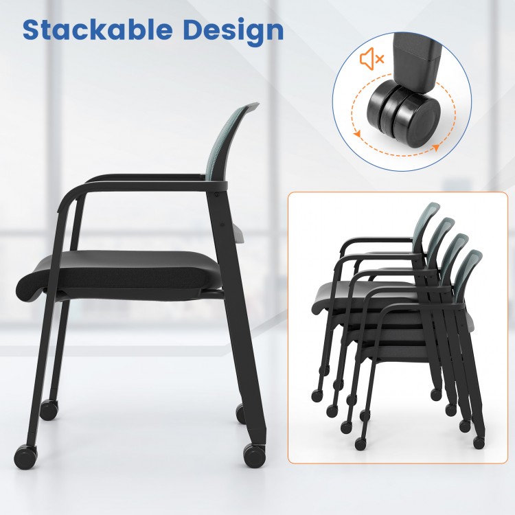 Stackable rolling office chair with gray mesh backrest and padded seat, designed for comfort and easy storage.