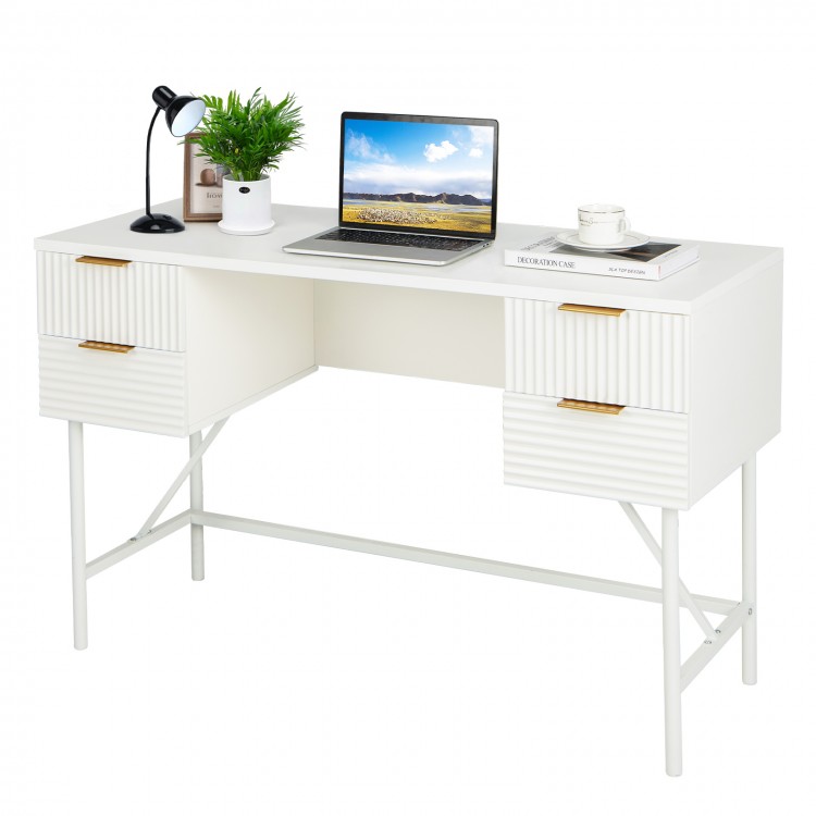 White 48-inch home office computer desk with 4 drawers, sturdy metal frame, ideal for writing and studying.